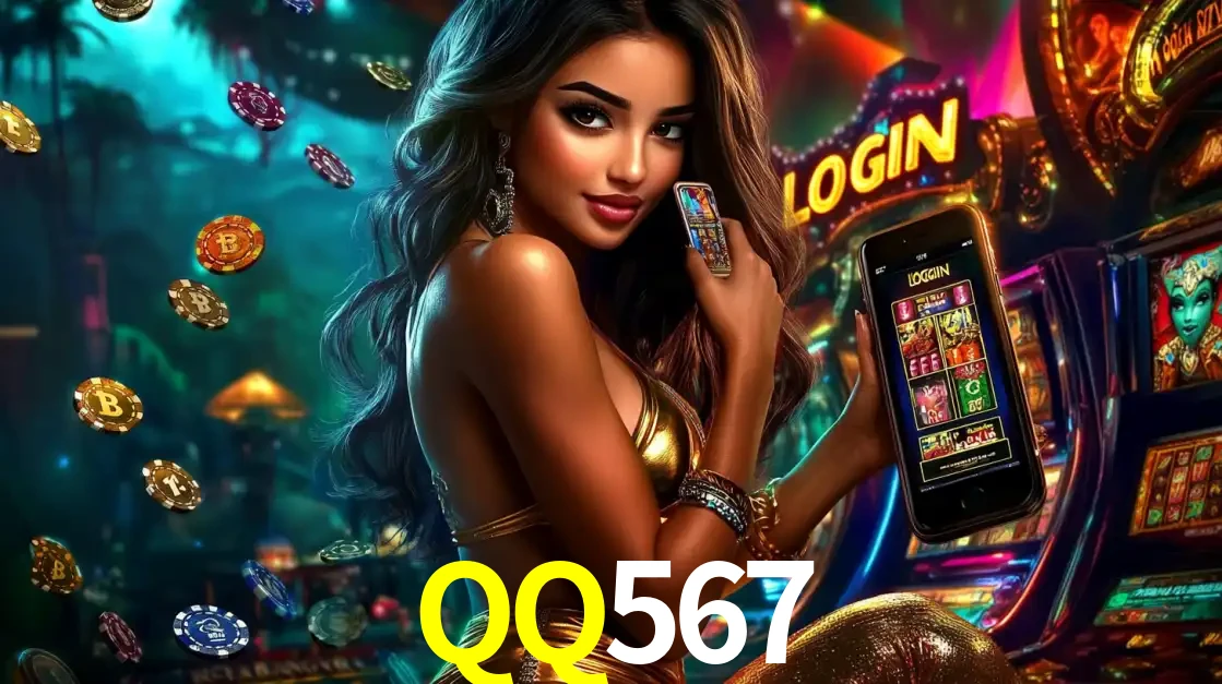 Mulher em um cenário de cassino temático de aventura, mostrando o app de caça-níqueis da QQ567 no celular. Fichas de apostas flutuam ao redor.