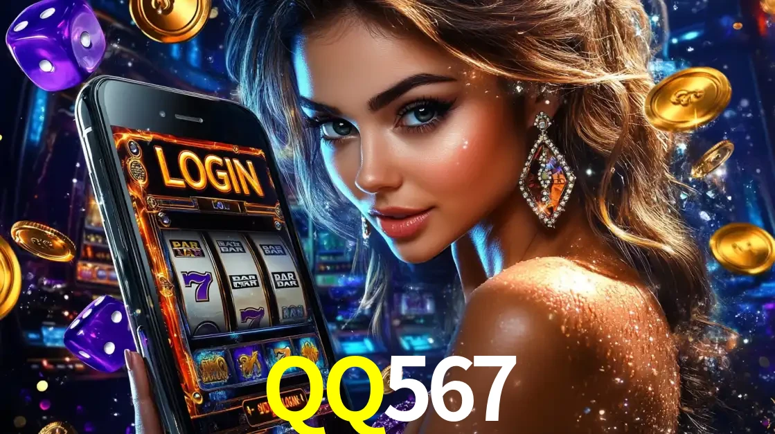 Mulher glamorosa segurando um smartphone com a tela de login para os jogos de caça-níqueis do cassino online QQ567, com moedas de ouro e dados ao redor.