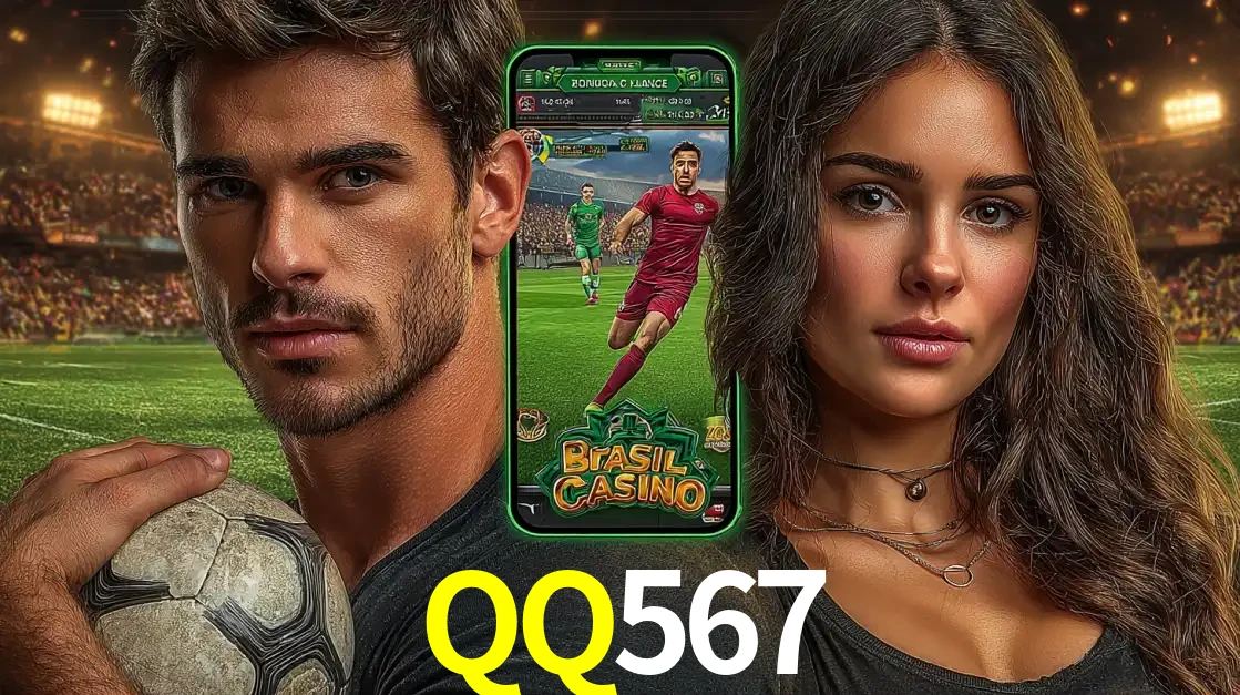 Homem segurando uma bola de futebol e uma mulher ao lado de um smartphone exibindo o jogo de apostas esportivas da QQ567. Faça seu palpite no cassino online.